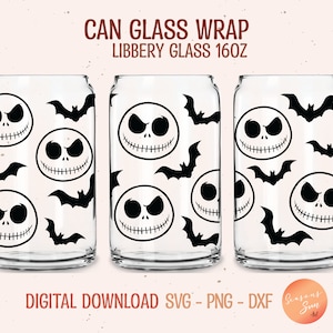 Jack Skellington Libbey glass svg Halloween beer can glass svg Jack 16oz Libbey glass wrap Bat glass can svg file for Cricut digital files