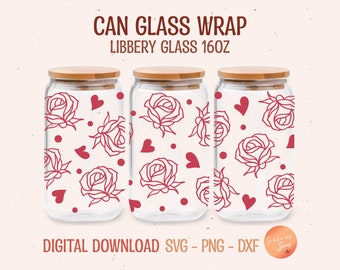 Valentine Rose Libbey Glass Wrap SVG: Heart Beer Can Glass (Digital Files)