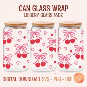 Pink Bow Libbey Glass svg, Cherry Beer Glass Can svg, Coquette 16oz Libbey glass, arquivo Plotter, dxf, png, arquivo svg para Circut, arquivos digitais