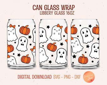 May include: Clear glass can wrap featuring a Halloween-themed design. The wrap showcases white cartoon ghosts, orange pumpkins, and black stars. The text "CAN GLASS WRAP LIBBERY GLASS 16OZ" is displayed at the top, with "DIGITAL DOWNLOAD SVG - PNG - DXF" at the bottom.