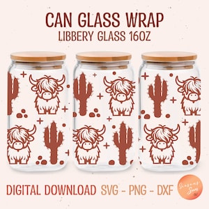 Highland Cow Libbey Glass SVG, Western Beer Glass Can, Cactus 16oz Libbey Glass, Plotterbestand, DXF, PNG, SVG-bestand voor Circut, digitale bestanden