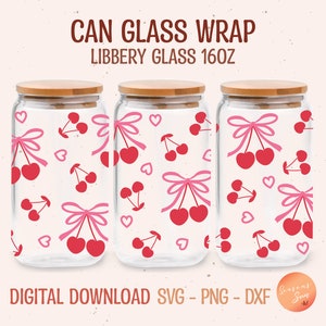 Envoltura de vidrio Libbey con lazo de cereza SVG: Diseño de lata de cerveza Coquette (archivos digitales)