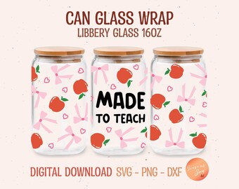 May include: Three clear glass jars with bamboo lids and a pink and red apple pattern. The middle jar has the text "MADE TO TEACH" in black.