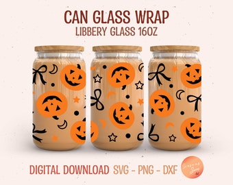 May include: Three clear glass can wraps with wooden lids, each featuring an orange jack-o'-lantern design, black bows, stars, and moons. The text "CAN GLASS WRAP LIBBERY GLASS 16OZ" is at the top. The words "DIGITAL DOWNLOAD SVG - PNG - DXF" are at the bottom.