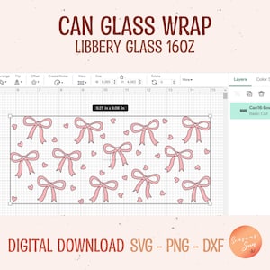May include: Digital download design for a can glass wrap. The design features a pattern of pink bows and hearts on a white background. The dimensions are 9.27 inches by 4.06 inches. Text includes "CAN GLASS WRAP LIBBERY GLASS 16OZ" and "DIGITAL DOWNLOAD SVG - PNG - DXF".