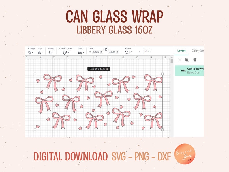 May include: Digital download design for a can glass wrap. The design features a pattern of pink bows and hearts on a white background. The dimensions are 9.27 inches by 4.06 inches. Text includes "CAN GLASS WRAP LIBBERY GLASS 16OZ" and "DIGITAL DOWNLOAD SVG - PNG - DXF".