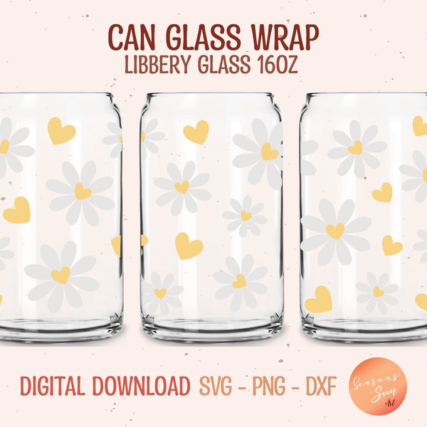 Daisy & Heart Libbey Glass SVG, Daisies Beer can Glass SVG, full wrap for 16oz. Libbey glass, dxf, png, svg file for Circut, digital file