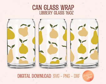 May include: Three clear glass can wraps with a pear pattern. The wraps are designed to fit a 16 oz Libbery glass. The text "CAN GLASS WRAP" and "LIBBERY GLASS 16OZ" is displayed at the top of the image. The text "DIGITAL DOWNLOAD SVG-PNG-DXF" is displayed at the bottom of the image.