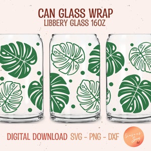 Hoja de Monstera Libbey Can Glass SVG, lata de vidrio de cerveza botánica, envoltura completa para vidrio Libbey de 16 oz, dxf, png, archivo svg para Circut, archivo digital