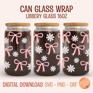 Bow Daisy Libbey Glass svg, Ribbon Beer Glass Can svg, Coquette 16oz Libbey glass, archivo Plotter, dxf, png, archivo svg para Circut, archivo digital