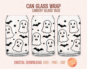 May include: Three clear glass can wraps with a Halloween theme. Each wrap features a repeating pattern of black bats, stars, and ghost illustrations. The text "CAN GLASS WRAP LIBBERY GLASS 16OZ" is at the top.