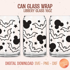 May include: Three clear Libbey 16oz can glasses with a black Halloween-themed design. The design includes bats, Mickey Mouse silhouettes, and stars. The text "CAN GLASS WRAP LIBBERY GLASS 16OZ" is at the top. The words "DIGITAL DOWNLOAD SVG - PNG - DXF" are at the bottom.