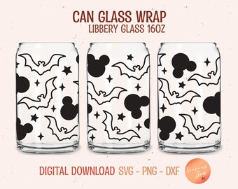 May include: Three clear Libbey 16oz can glasses with a black Halloween-themed design. The design includes bats, Mickey Mouse silhouettes, and stars. The text "CAN GLASS WRAP LIBBERY GLASS 16OZ" is at the top. The words "DIGITAL DOWNLOAD SVG - PNG - DXF" are at the bottom.