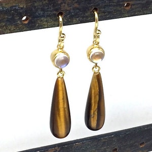 Tigers Eye & Moonstone Earrings Tigers Eye Dangles Tigers Eye Earrings Moonstones Statement Earrings Modern Earrings Womens Gift for Wife image 2