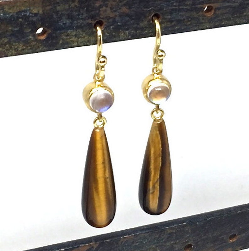 Tigers Eye & Moonstone Earrings Tigers Eye Dangles Tigers Eye Earrings Moonstones Statement Earrings Modern Earrings Womens Gift for Wife image 2