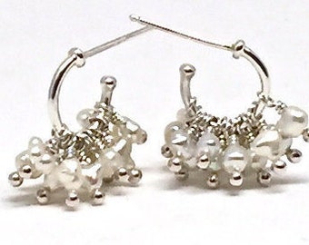 Pearl Cluster Hoops Pearl Beaded Hoop Earrings Pearl Cluster Huggies Silver Huggies Womens Gift for Her Keshi Pearl Hoops June Birthstone