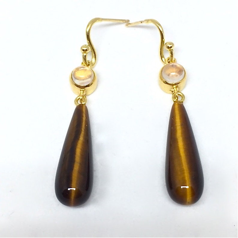 Tigers Eye & Moonstone Earrings Tigers Eye Dangles Tigers Eye Earrings Moonstones Statement Earrings Modern Earrings Womens Gift for Wife image 3