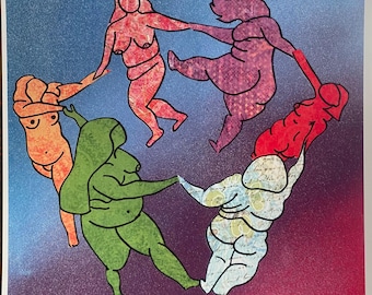 Fat dancing woman collage on spray paint background print