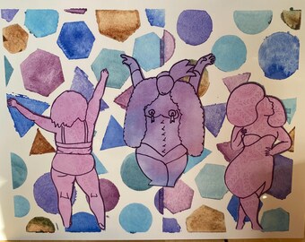 3 small fat ladies collaged onto watercolor background 8.5x11