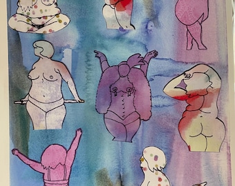 9 small fat ladies collaged onto watercolor background 11x17