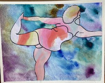 Fat yogi collage on watercolor background