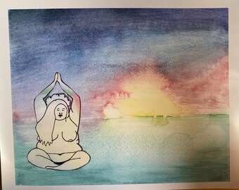 Watercolor sunrise with a meditative seated nude
