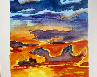 Colorful Sunset Watercolor Painting, Ocean Print (88lb Polar Matte)