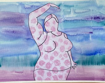 Pink rose dancing woman collage on watercolor background