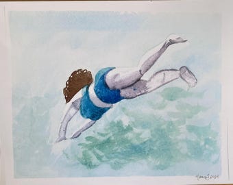 Mujer buceando en acuarela, impresión digital