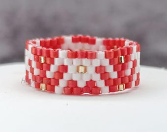 Vermilion White Beaded Ring Coquette Style Girly Band Ornamental Seed Bead Ring Romantic Fashion