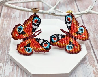 Majestic Peacock Butterfly Earrings, Unique Beaded Art, Eye-Catching Butterfly Jewelry, 18K Gold Filled