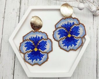 Pansy Flower Stud Earrings: Cornflower Blue Beaded Jewelry, 18K Gold Filled
