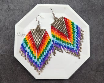 Rainbow Beaded Fringe Earrings, Tribal-Inspired Dangle Jewelry, LGBTQ Pride Accessory