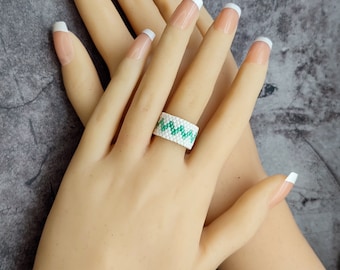 White and Mint Wave Seed Bead Ring - Boho Style Beaded Jewelry - Wooven Band Ring