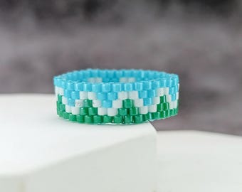 Turquoise Beaded Ring Thin Seed Bead Band Minimalist Geometric Boho Style