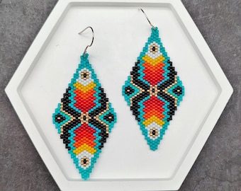 Diamond Shaped Beaded Earrings, Ethnic Turquoise Dangles, Native Inspired Jewelry