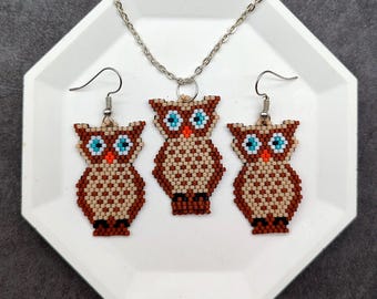 Boho Owl Jewelry Set: Dangle Earrings & Pendant Necklace, Handmade