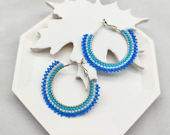 Handmade Silver Filled Hoop Earrings: Blue & White Boho Beaded Jewelry