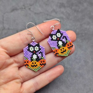 Beaded Halloween Earrings: Black Cat & Pumpkin Dangle Jewelry
