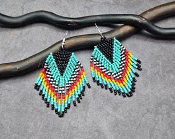 Native Style Fringe Earrings, Turquoise and Black Beaded Dangle Jewelry, Tribal Boho Accessory