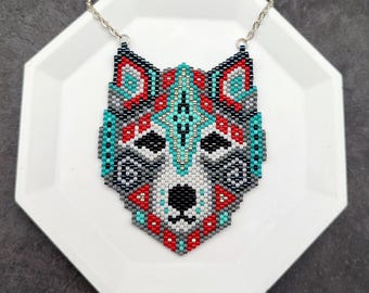 Wolf Pendant Necklace, Ethnic Style Beaded Jewelry, Handmade Statement Accessory
