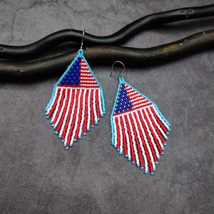 American Flag Beaded Earrings: 4th of July USA Fringe Jewelry