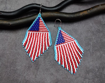 American Flag Beaded Earrings: 4th of July USA Fringe Jewelry