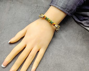 Boho Beaded Bracelet: Tribal Woven Cord Jewelry, Antique Silver Accents
