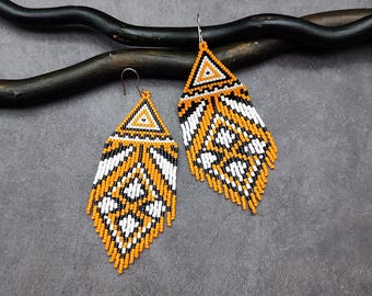 Yellow Fringe Beaded Earrings, Boho Chic Jewelry, Ethnic Tribal Dangle Earrings, Artisan Handmade Accessories