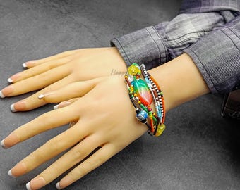 Boho Beaded Bracelet: Multi Strand Autumn Colors, Adjustable