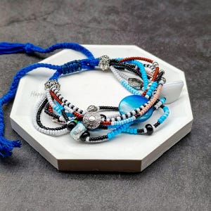 Beaded Multistrand Bracelet: Blue Macrame Adjustable Shell Charm