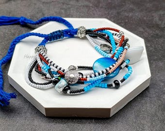 Beaded Multistrand Bracelet: Blue Macrame Adjustable Shell Charm