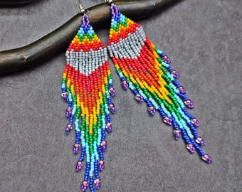 Rainbow Fringe Beaded Earrings, Extra Long Dangle Jewelry, Statement Boho Accessory, Colorful Beadwork