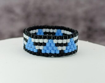Thin Beaded Ring Woven Band Black White Blue Seed Bead Minimalist Style